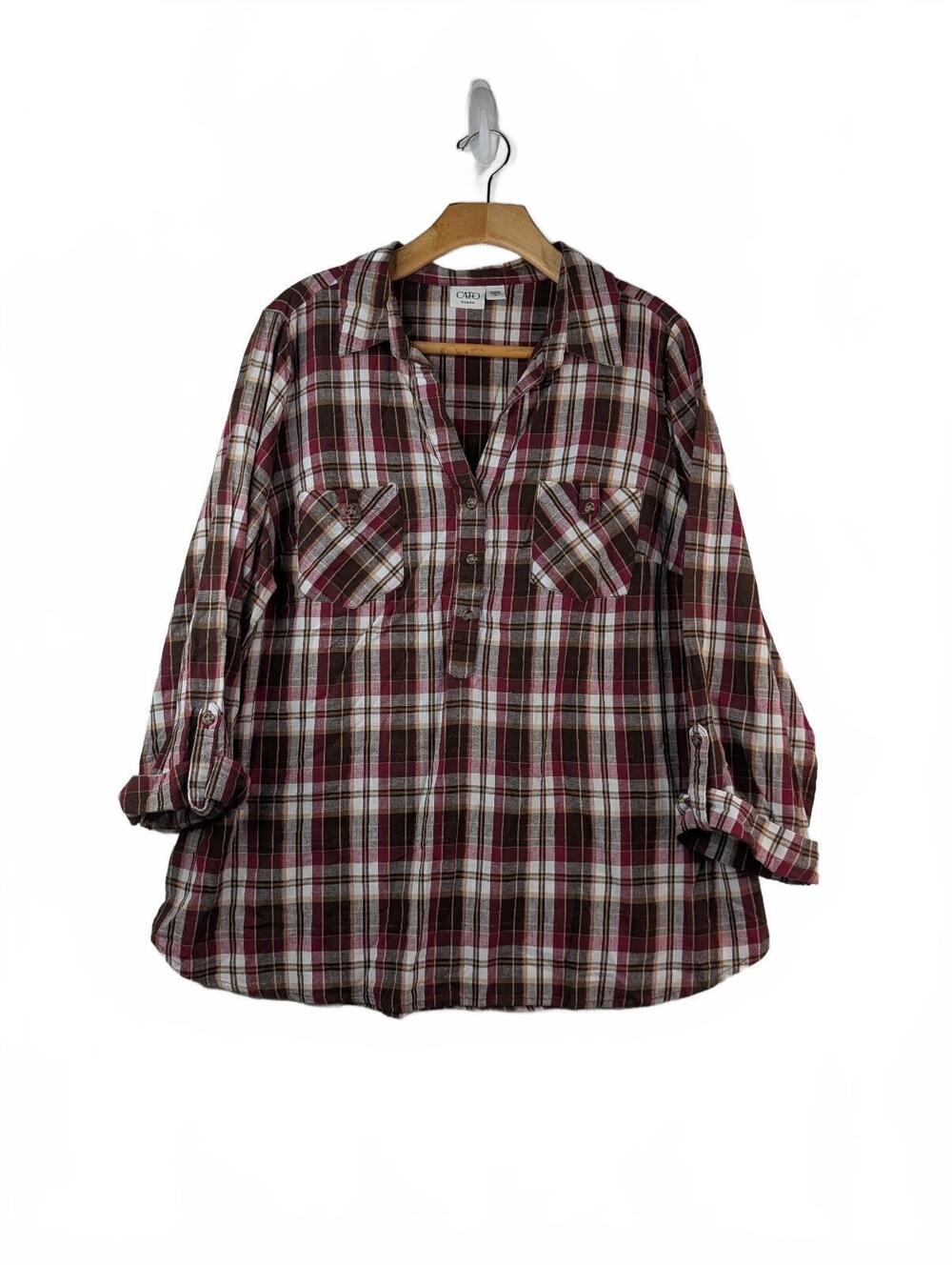Cato Women's Plaid Button-Up Tunic Shirt Burgundy Brown White Size 18/20